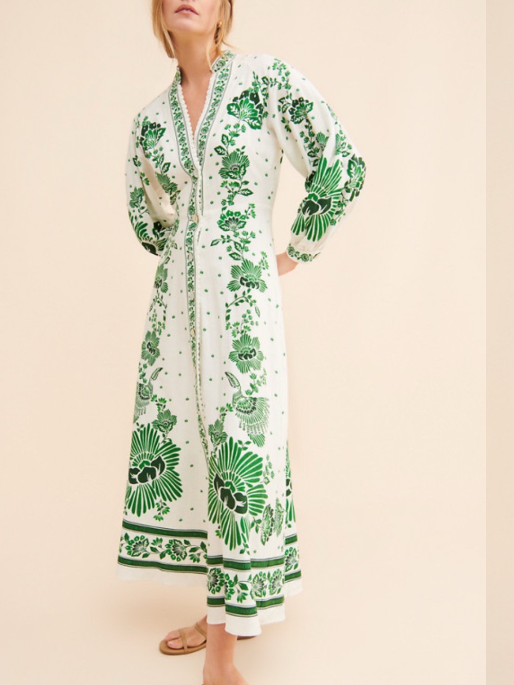 Farm Rio Forest Soul Maxi White Green Linen Shirt Dress size S